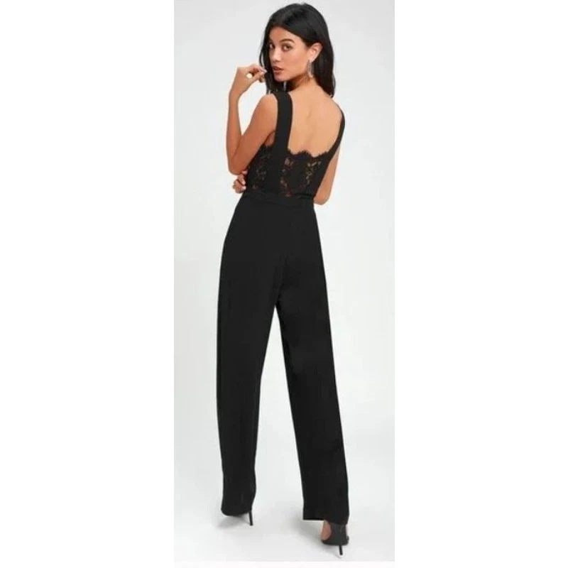Lulus Size L Sleeveless Black Lace V Neck Wide Leg Jumpsuit Evening Chic - Image 1 of 4