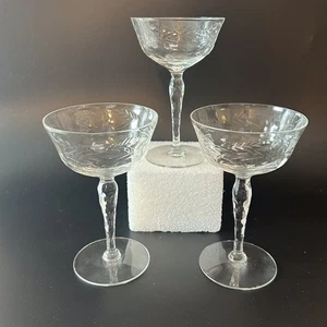 Vintage Etched Crystal Stemware Floral Diamond Cut Stems Set Of 3 Wine Glasses - Picture 1 of 8
