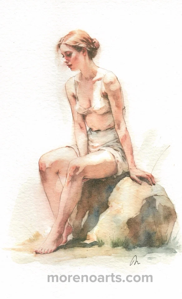 Acuarela Original Mujer Sentada en Roca - Pintura Coleccionista Arte Figurativo 5x8 Foto 1 de 1