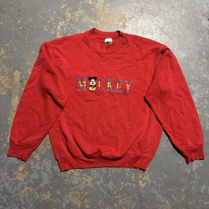Vintage Mickey Mouse Sweatshirt Large Red Long Sleeve Spellout Pullover Disney - Picture 1 of 11