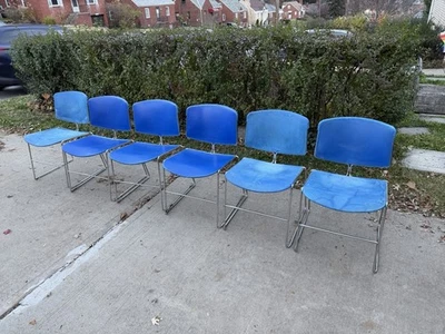 Lote de 6 sillas Steelcase Max-Stacker MCM azul atómico y cromo Stack Master 1977 Foto 1 de 4