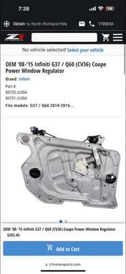 OEM '08-'15 Infiniti G37 / Q60 (CV36) CoupePower Window Regulator - Image 1 of 4