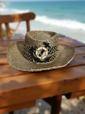 Sombrero de paja vintage Carole Freed para Le Petit Chapeau con lentejuelas blancas y negras Foto 1 de 4
