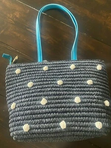 Talbots Straw Navy w/White Polka Dots Purse/Tote. Teal Shoulder Straps. Zip Clos - Picture 1 of 2