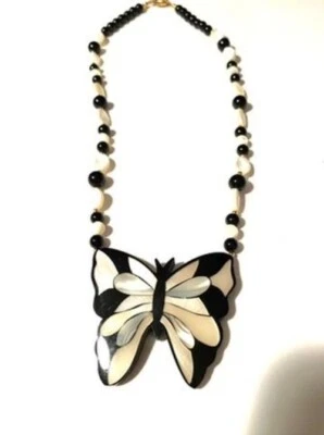 Black & White Acrylic Butterfly Pendant Beaded Necklace 16 Inches - Image 1 of 4