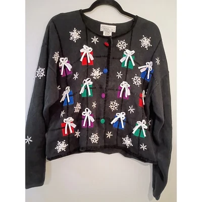Mandal Bay Women's Black Ugly Christmas Sweater Cardigan Gifts Snowflakes L G - Image 1 of 4