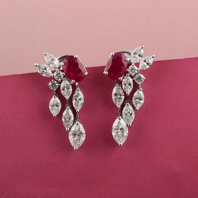 3.01ct D VVS1.Genuine Lab Grown Ruby & Mulitshape Moissante Diamond Stud Earring - Image 1 of 4
