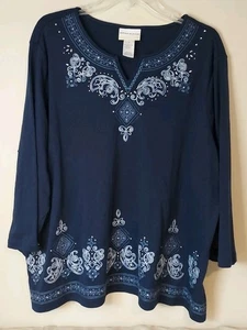 Top Alfred Dunner Mujer 2X Estrás Bordados Desplazamiento Años 90 Y2K Boho Chic - Imagen 1 de 8