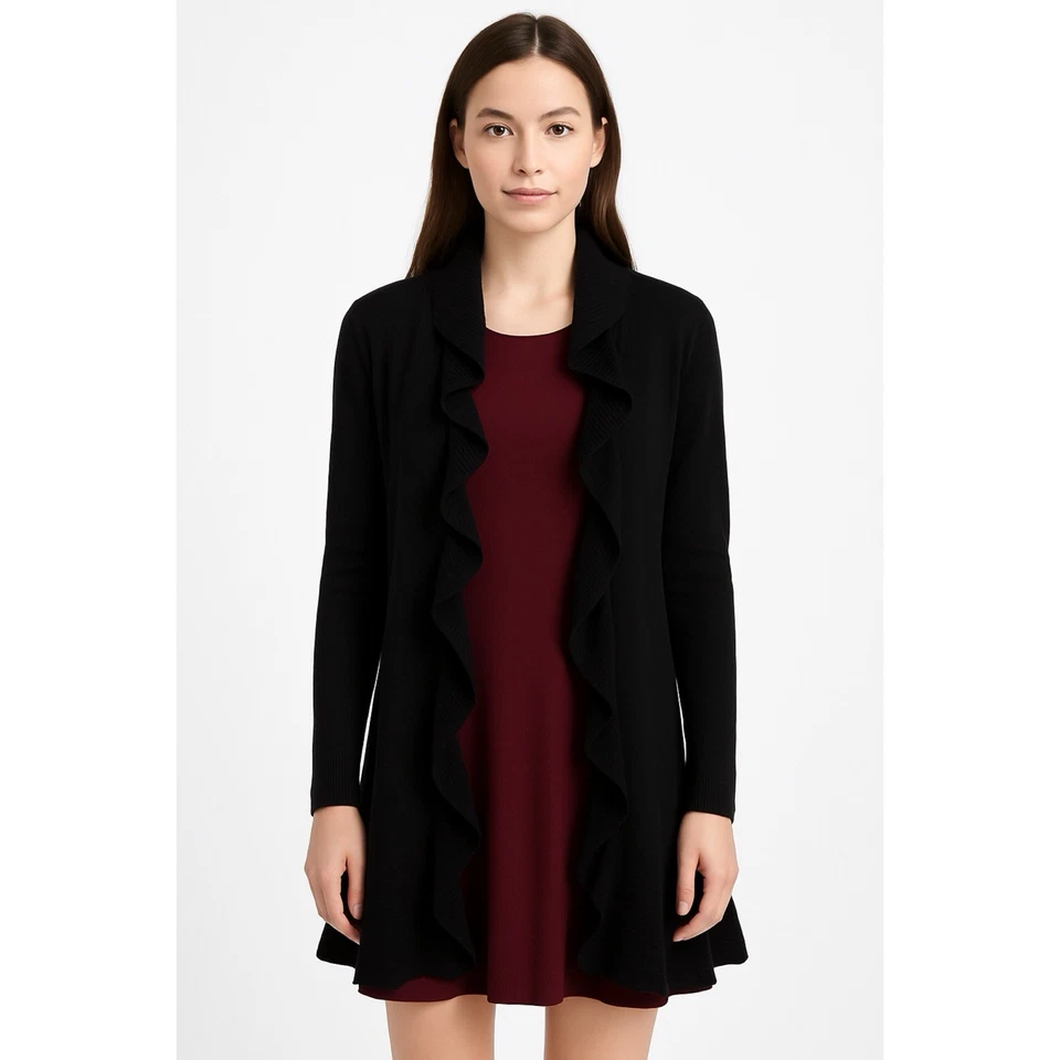 Suéter Bloomingdale’s Para Mujer L Negro Cárdigan Largo Volantes Lana Mezcla Cachemira Foto 1 de 4