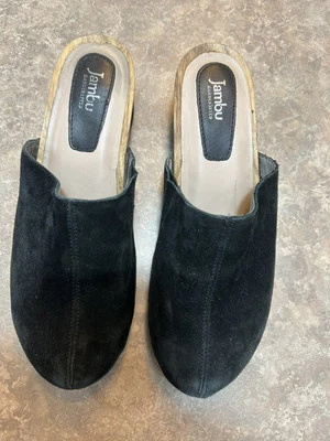 Zueco mulas de madera de gamuza negra Jambu Monaco para mujer talla 7,5 artesanal Foto 1 de 4