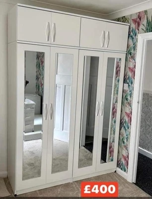 Brand New 5ft WHITE 4 Doors Cupboard With Mirrors & Top Boxes Only £400 ❤️ SALE - Image 1 of 4