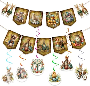 Vintage Double Sided Easter Banner Set, 9 Pcs Banners(5.1X7.1 In), 8 Ornaments.. - Picture 1 of 8