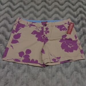 Merona Womens Size 8 Tan Purple 100% Cotton Floral Flat Front Chino Shorts NWT