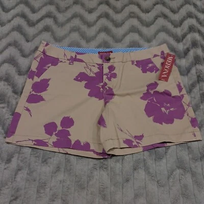 Merona Womens Size 8 Tan Purple 100% Cotton Floral Flat Front Chino Shorts NWT - Image 1 of 3