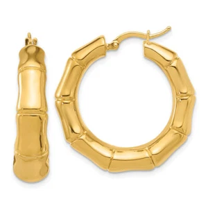 14K Solid Yellow Gold Graduated Bamboo Round Medium Hoop Earrings - Picture 1 of 4