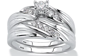 ROUND CZ DIAGONAL BRIDAL 2 RING SET BAND PLATINUM STERLING SILVER 6 7 8 9 10 - Picture 1 of 2