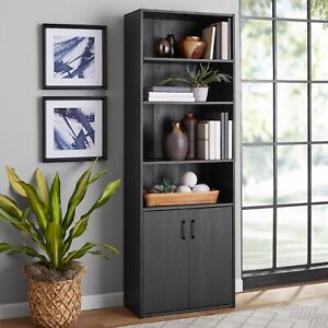 Traditional 5 Shelf Bookcase With Doors, Black