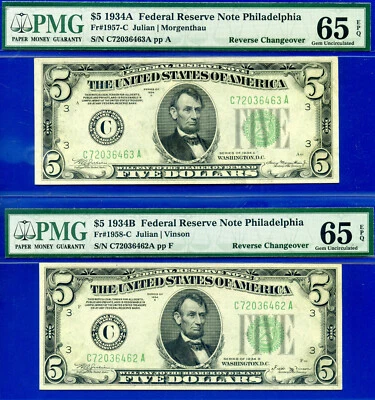 1934A 1934B $5 Philadelphia Reverse Changeover FRN PMG 65EPQ Fr 1957-C Fr 1958-C - Image 1 of 2