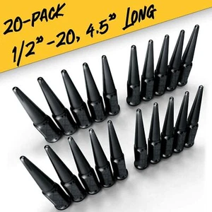 20 Pack of Black 4.5" Hardened Long Spike Lug Nuts 1/2"-20 RH Thread Fits 5 Lugs - Picture 1 of 10