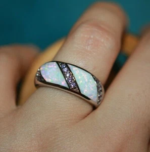 inlaid fire opal Cz ring gemstone silver jewelry 6.5 9.5 cocktail wedding band - Picture 1 of 11