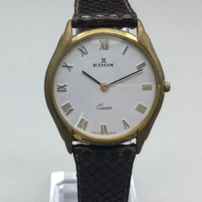 Vintage Edox Watch Unisex Swiss Made 33mm Gold Tone Leather Band New Battery - Image 1 of 4