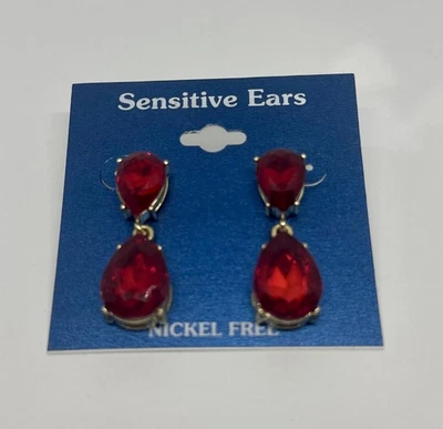 Ruby Red Rhinestone Drop Earrings Gold Tone Teardrop Dangle 1.25” Nickel Free - Image 1 of 4