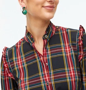 J Crew Damen Popover Shirt Top Gr. XS Stewart Tartan kariert Rüschen klassisch - Bild 1 von 11