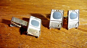 ZENITH TV JOLLE GOLDFARBEN Fernseher Set geformte Manschettenknöpfe & Krawattenklammer - Bild 1 von 5