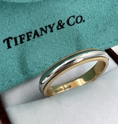 蒂芙尼 18K YG / 白金 Milgrain 结婚戒指,4 毫米,尺寸 10.5 — 第 1/4 张图片