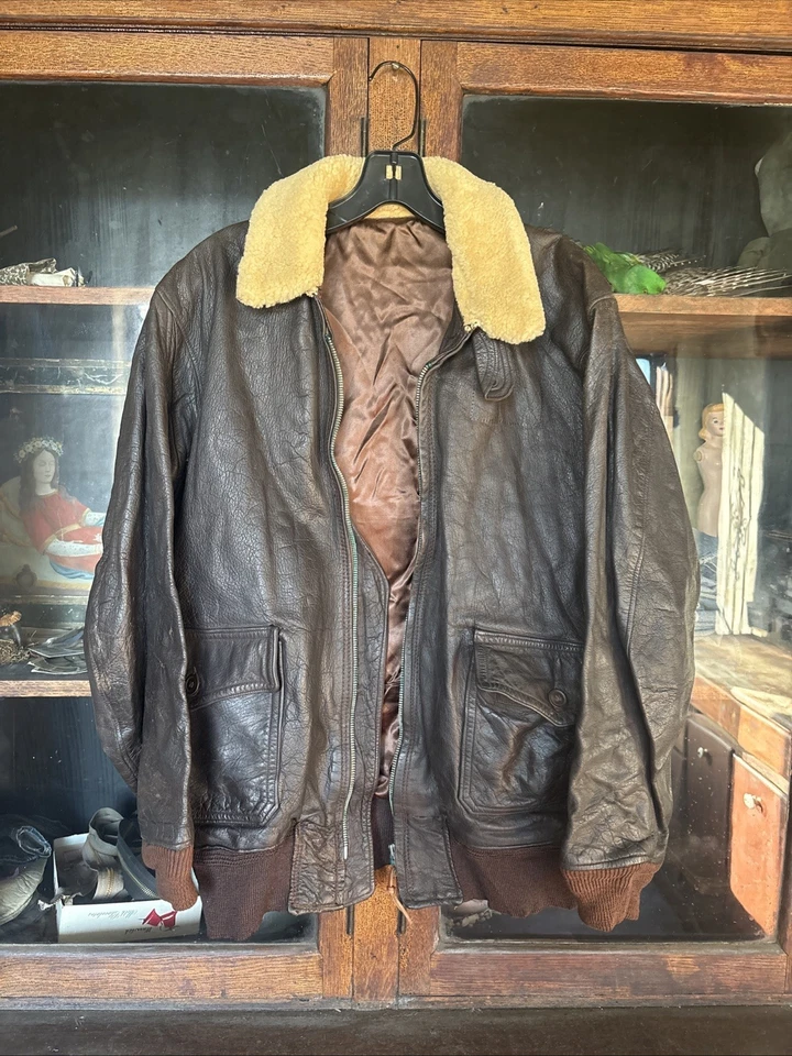 WW2 Era Leather USN Flight Jacket 1940s Navy Military Aviator Bomber Navy WWII - Image 1 of 4