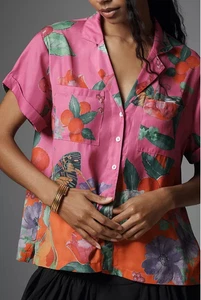Anthropologie Brenna Top Oversized Kurzarm Button Down Blumen Schmetterling M - Bild 1 von 12