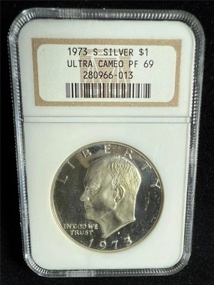 1973 S Eisenhower IKE SILVER $1 Dollar PF69 ULTRA CAMEO NGC UCAM PR69 SKU 3694 - Image 1 of 2