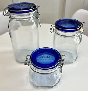 3 Bormioli Rocco FIDO Glass Canning Mason Jars Blue Lids 1 1/2 Liter 1 Liter 1/2