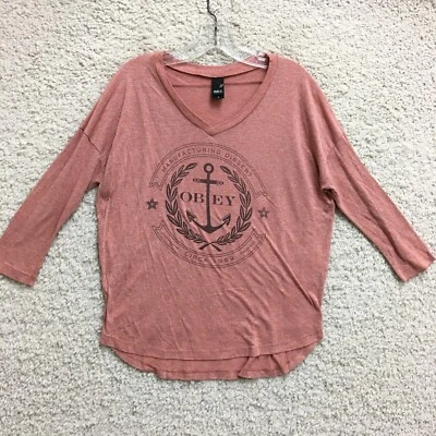 Obey Shirt Top Small Adult Red V Neck 3/4 Sleeve Graphic Pullover Tee Womens S - Image 1 of 4