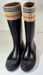 Burberry Knit Top Nova Check Rain Boots Black Rubber Knee High Riding Womens 7 - Picture 1 of 12