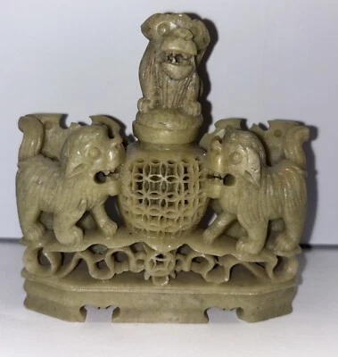 Antiguo quemador de aceite de incienso de piedra de jabón chino tallada a mano Foo Fu perros Foto 1 de 4