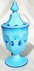 Vtg. Westmoreland Blue Milk Glass Covered Compote Painted Daisies SIGNED & DATED