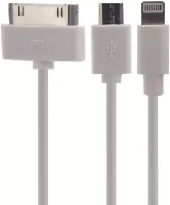 3 in 1 USB Fast Charging Cable 1M for iPhone 8 Pin , 30 Pin & Micro USB - White - Picture 1 of 2
