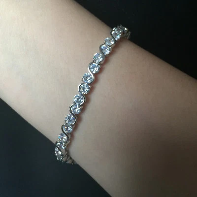 4mm Round White Cubic Zirconia CZ Tennis Bracelet White Gold Plated Xmas Gift 7" - Image 1 of 4