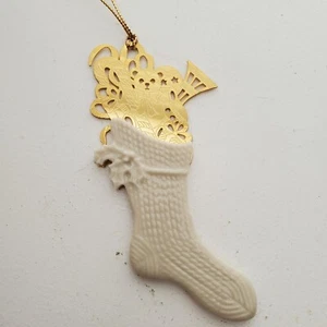 LENOX Christmas Stocking Ornament, porcelain white and gold, flat Lenox ornament - Picture 1 of 5