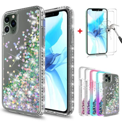 For iPhone 12 Pro Max Case Liquid Glitter Bling Cover + Tempered Glass Protector - Image 1 of 4