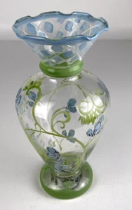 "Florero de vidrio Tracy Potter vintage pintado a mano soplado a mano floral con volantes superior 6,5""" - Imagen 1 de 10