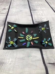 vtgDichroic Rectangle Glass Tray Fused Glass Art Metallic Iridescent Black 8x5 - Picture 1 of 5