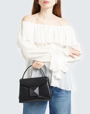 RRP€2900 VALENTINO GARAVANI One Stud Leather Satchel Bag Black Top Handle - Image 1 of 4