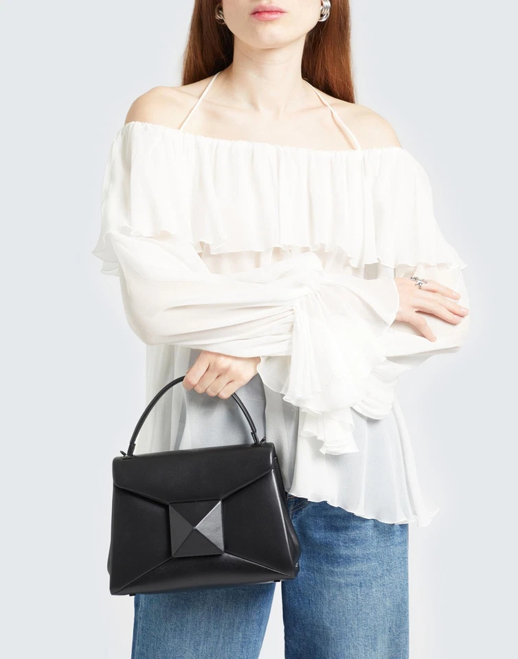 RRP€2900 VALENTINO GARAVANI One Stud Leather Satchel Bag Black Top Handle - Image 1 of 4