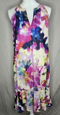 Cabi Dress Small Midi Watercolor Tie Dye Halter Vneck Sleeveless Hi Low Ruffle - Image 1 of 4