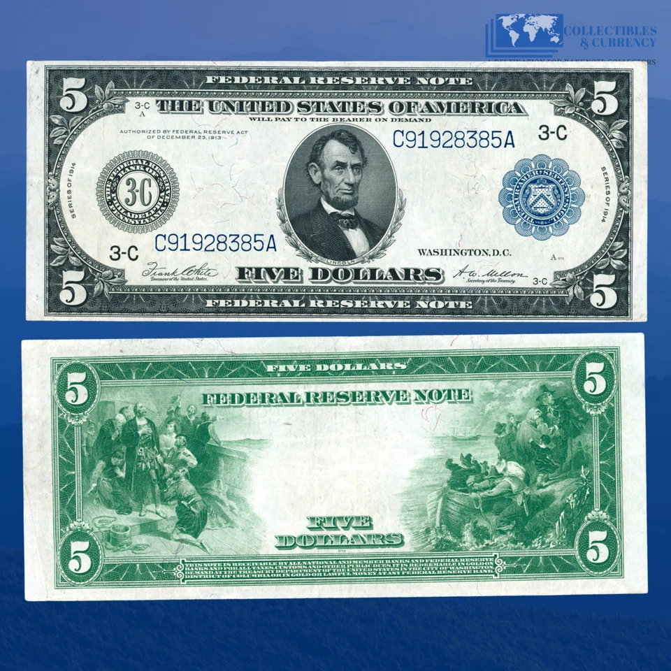 1914 $5 Five Dollars Federal Reserve Note Philly, Large Size Note, VF+ #28385 - Image 1 of 1
