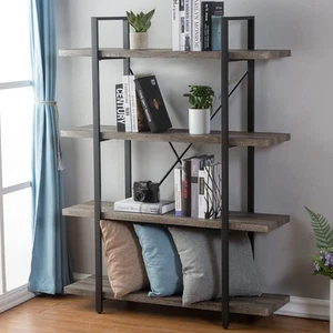 4-Shelf Vintage Industrial Bookshelf, Rustic Gray Wood and Metal 4 Tier Bookc... - Picture 1 of 7