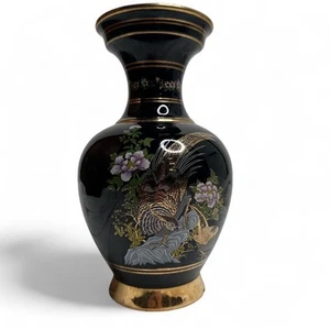 Vintage Imperial Kutani Arnart Imports Japan Black Vase with Pheasants & Flowers - Picture 1 of 7