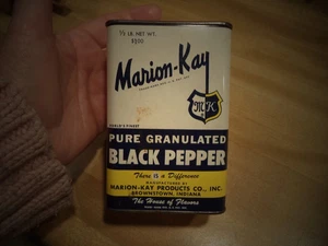 Vintage MARION - KAY PEPPER PURE GRANULATED BLACK PEPPER TIN 4.75 TALL x 3W x 2D - Picture 1 of 15